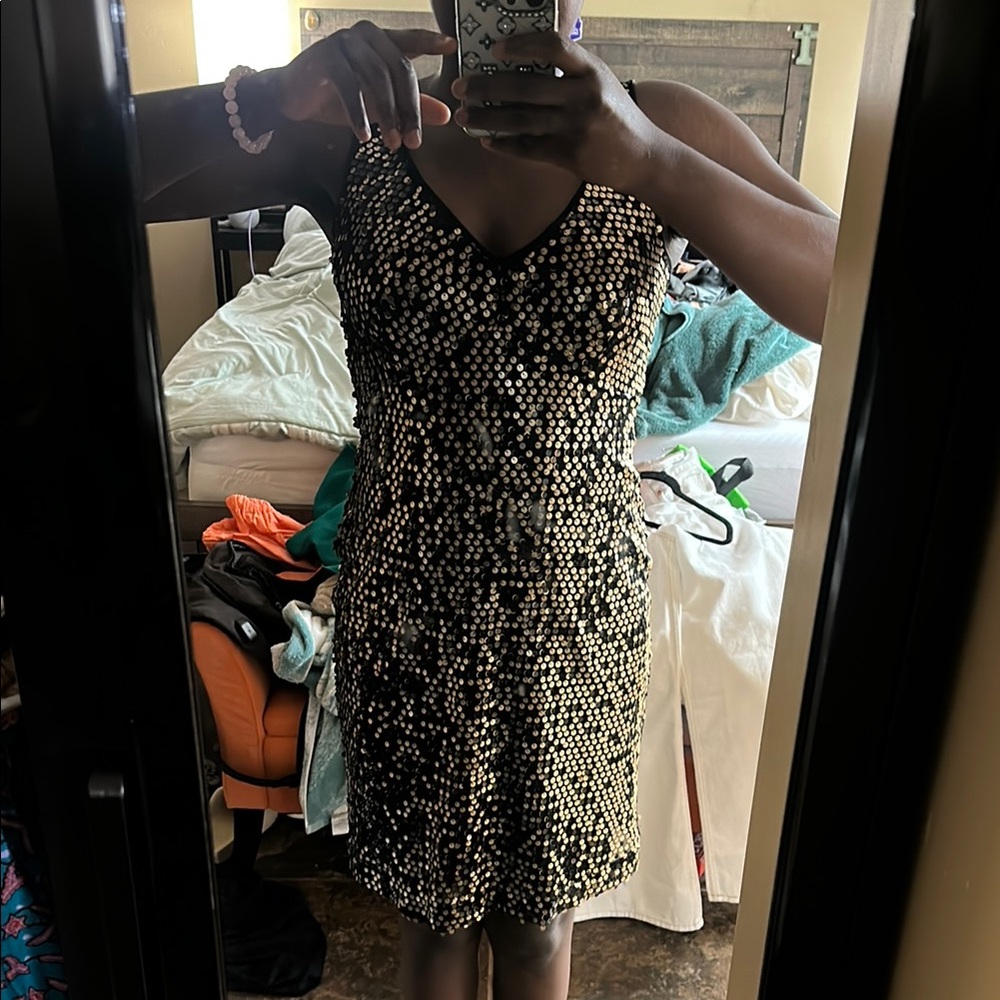 AB Studio Black and Silver Sequin Mini Slip Dress